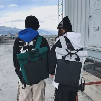 

Hip hop cool men's and women's personality fashion roll matching color backpack overalls style large capacity student schoolbags
