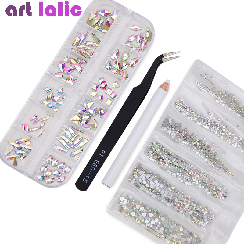 Nail Art Set Irregular Crystal Diamond Round Rhinestones Flat Bottom Curved Black Tweezer Nipper Wax Dotting Pen Manicure Tools | Красота и