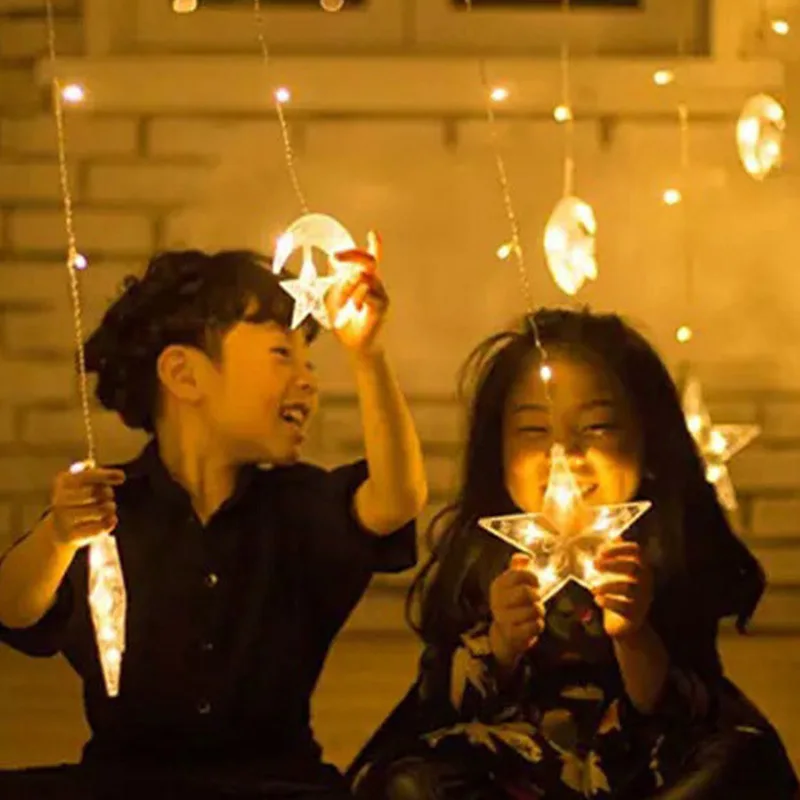 

Moon And Stars Curtain Hanging Lights Outdoor Holiday Lights Starry Wish Lighting Chain Holiday Wedding LED Warm Decorative Ligh
