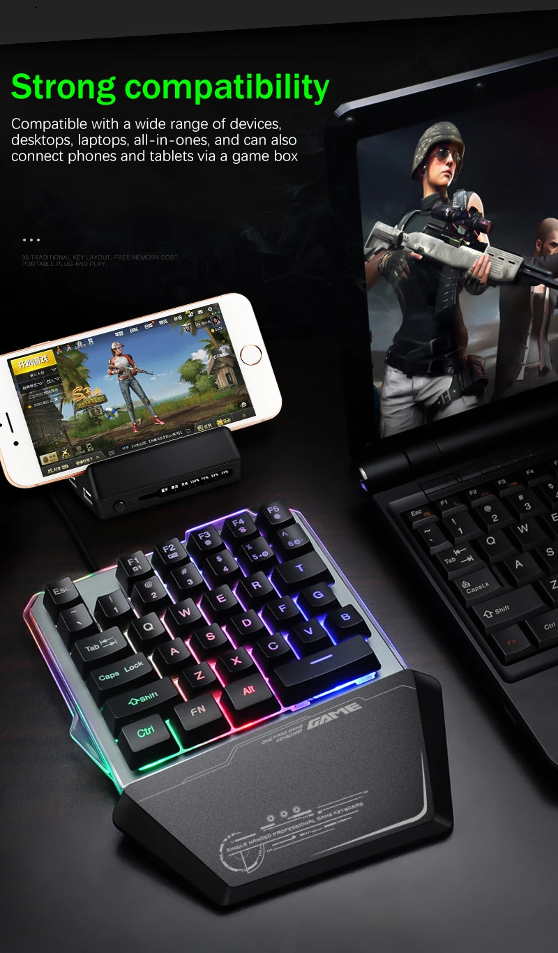 RGB PUBG Single-Handed Keyboard For PS4/Xbox/PC Mobile Phone Game Porable Wired USB LED Backlight Keypad Mechanical Keyboard