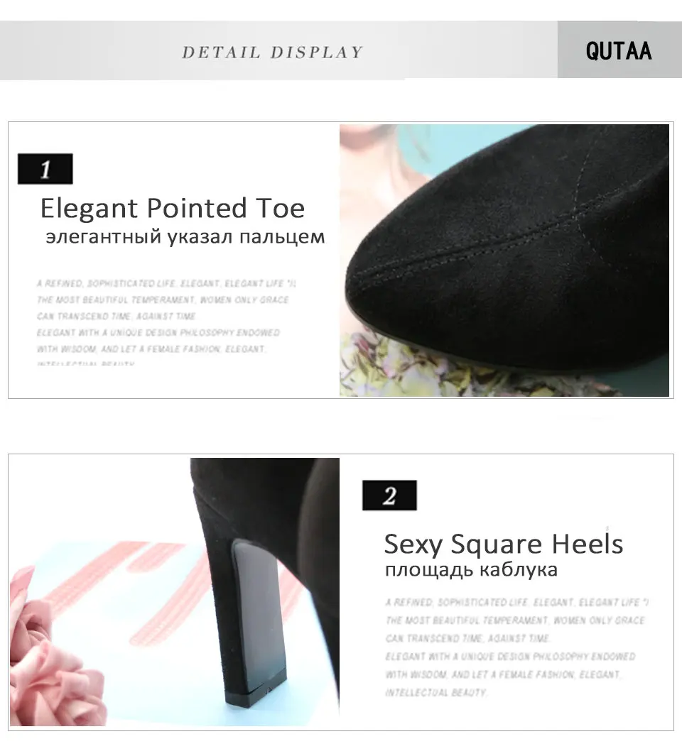 QUTAA/ г. Высокие сапоги из флока на шнуровке модные ботфорты на высоком квадратном каблуке зимняя теплая женская обувь на меху размеры 34-43