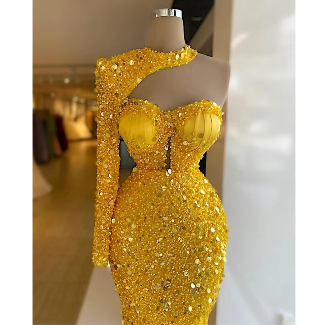 Shinny Yellow Sequins Beading Crystal Mermaid Evening Dress One Shoulder Halter Neck Blackless Prom Dresses Vestidos de novia 2