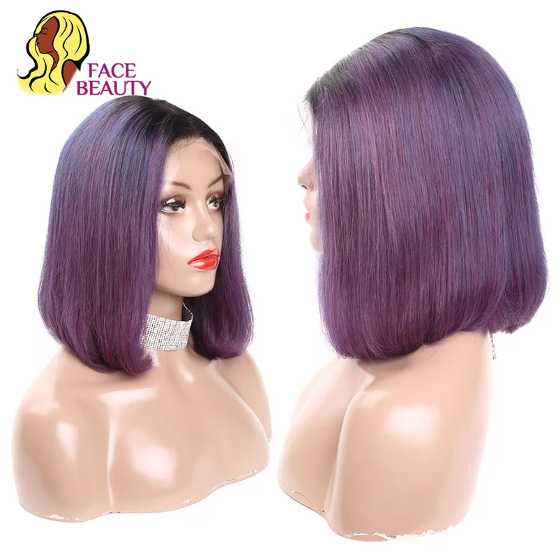 

1B/99J Ombre Purple Colored Human Hair Wigs Glueless Preplucked Malaysian Remy Hair 150% Density 13x6 Short Bob Lace Front Wigs