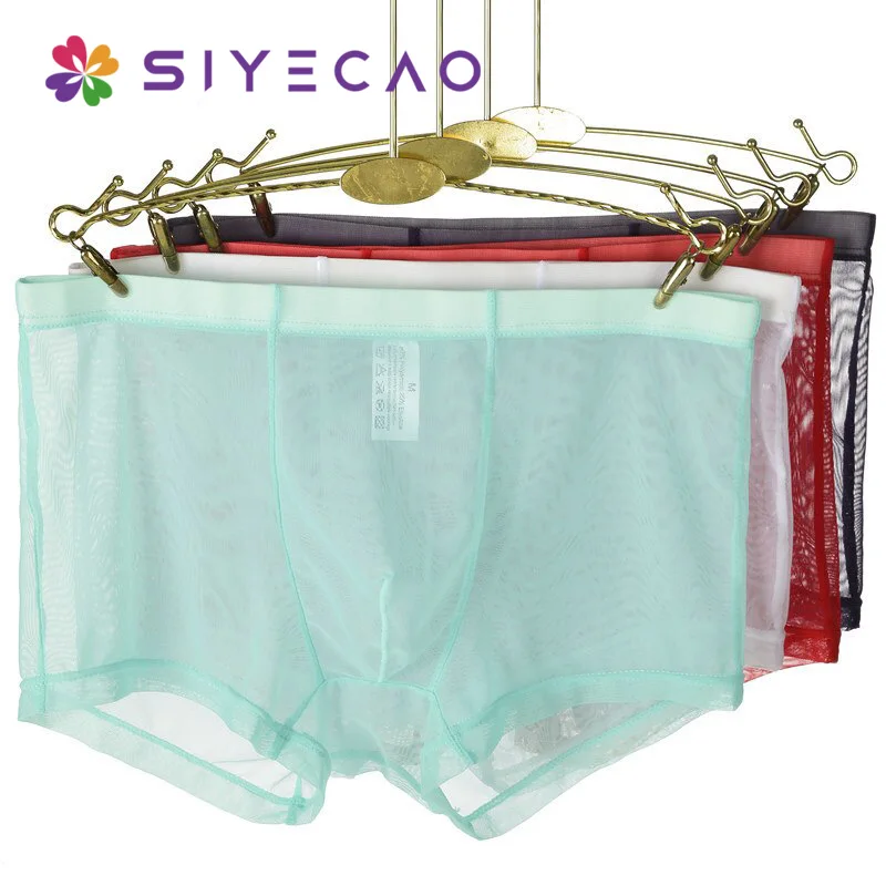 New Sexy Breathable Thin Boxer Shorts Men Mesh Transparent See Through U-Convex Underwear Lingerie Homewear Panties Plus Size