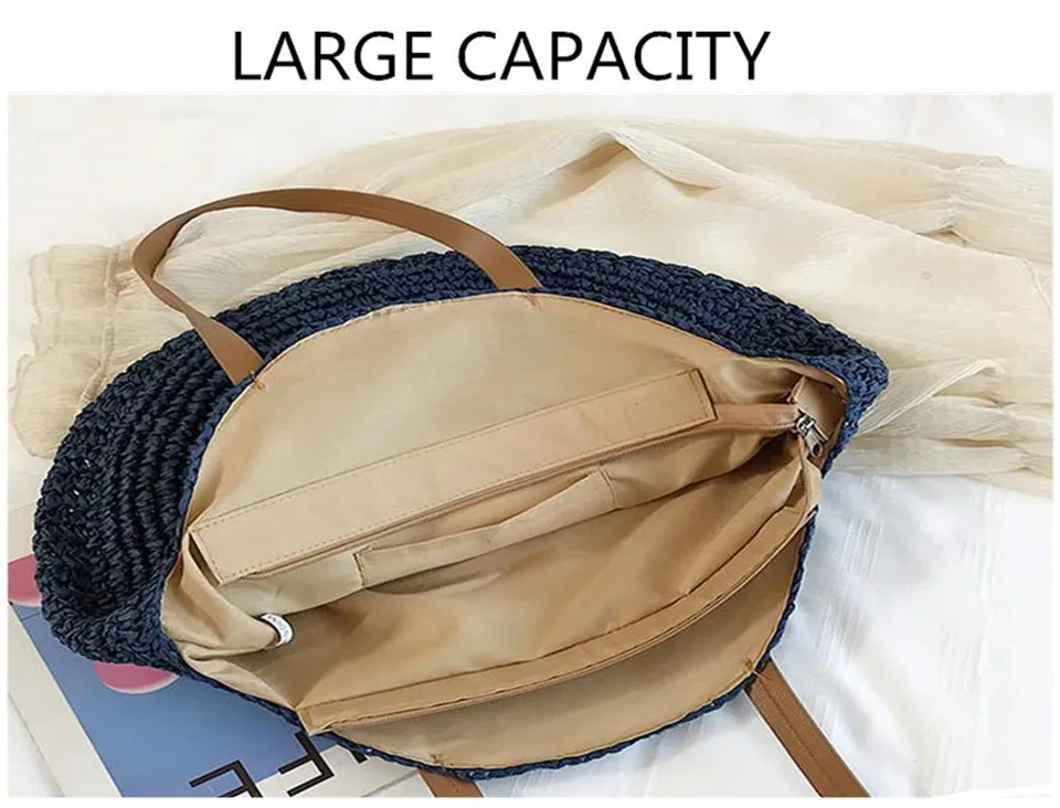 Large Capacity Round Zipper Fashionable Straw Woven Bag Handmade Summer Beach Travel Holiday Women Bags