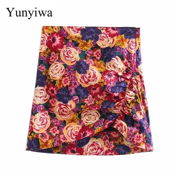 

2020 Women Sweet Tropical Flower Print Pleated Mini Skirt Faldas Mujer Ladies High Waist Side Zipper Hem Irregular Skirts