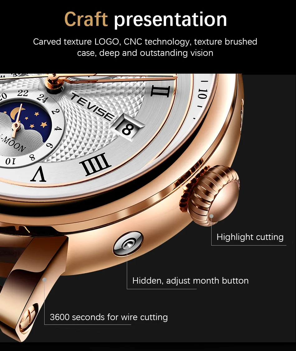 2021 New TEVISE Mens Mechanical Watches Top Brand Luxury Leather Moon Phase Automatic Watch Men Fashion Sport Waterproof Clock