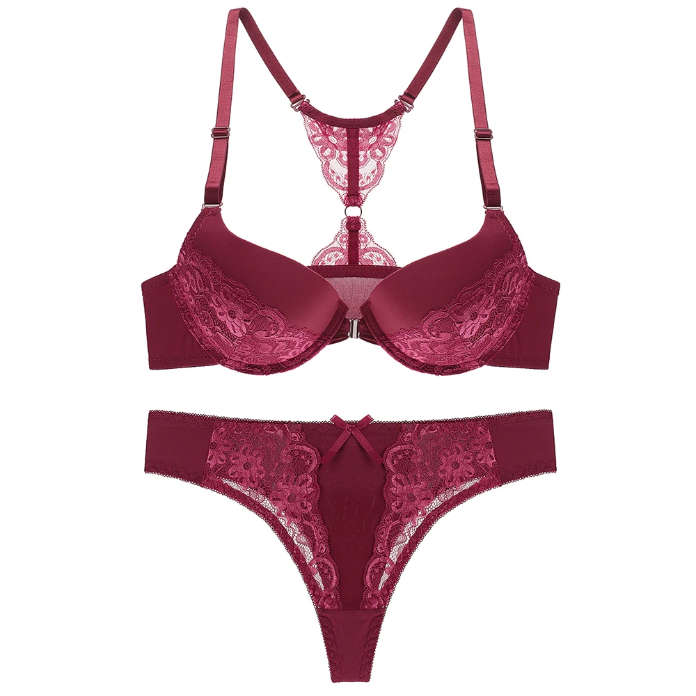 bra and panty Women' Sexy Floral Lace Front Closure Brassiere Y-line Straps Bra Thong Sets Comfortable Girls Push up Underwear Set cotton bra and panty sets