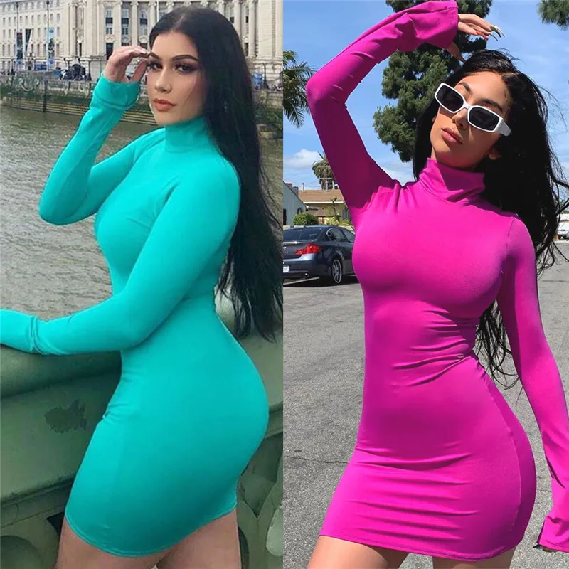 

hirigin Women Sexy Fall Dress Long Flare Sleeve Autumn Turtleneck Slim Hip Dress Party Bandage Bodycon Short Mini Women Dress