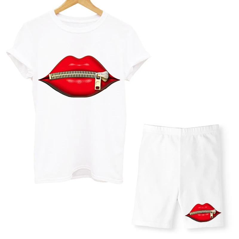 Women Two Piece Set Lips T Shirts And Shorts Pyama Sets Summer Casual Joggers Tracksuit Shorts Sexy Outfit For Woman Clothing white two piece set