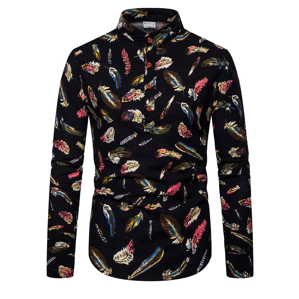 

Fashion Spring Autumn Casual Men Shirt Slim Fit Flower Print Linen Shirt Long-sleeved Shirts Male Floral Social Masculina S-2XL