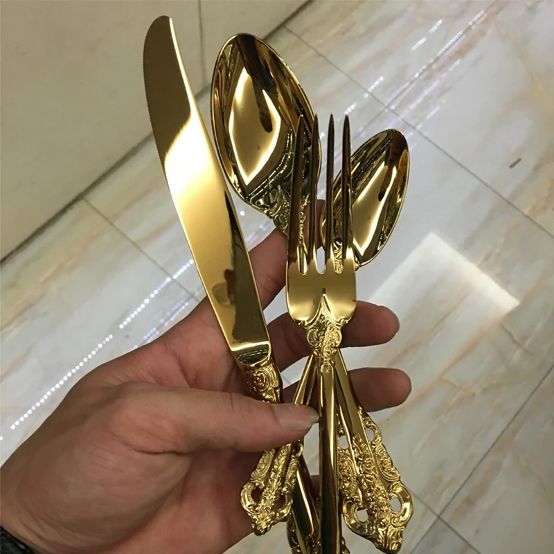 3-24pcs Luxury Golden Cutlery Vintage Tableware Gold Plated Wedding Dinnerware Stainless Steel Dining Knife Fork Spoon Teaspoon