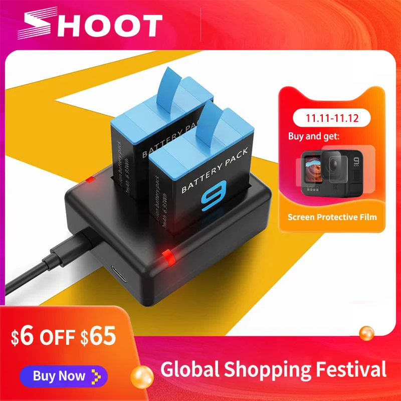 

SHOOT for GoPro 9 Battery 1800mAh AHDBT-901 Battery with USB Charger for Go Pro 9 Hero 9 GoPro9 Black Action Camera Accessories