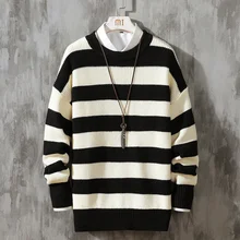 2021 New Men's Round Neck Pullover Striped Sweater Simple And Fashionable In Autumn And Winter Casual Keep Warm Jumper