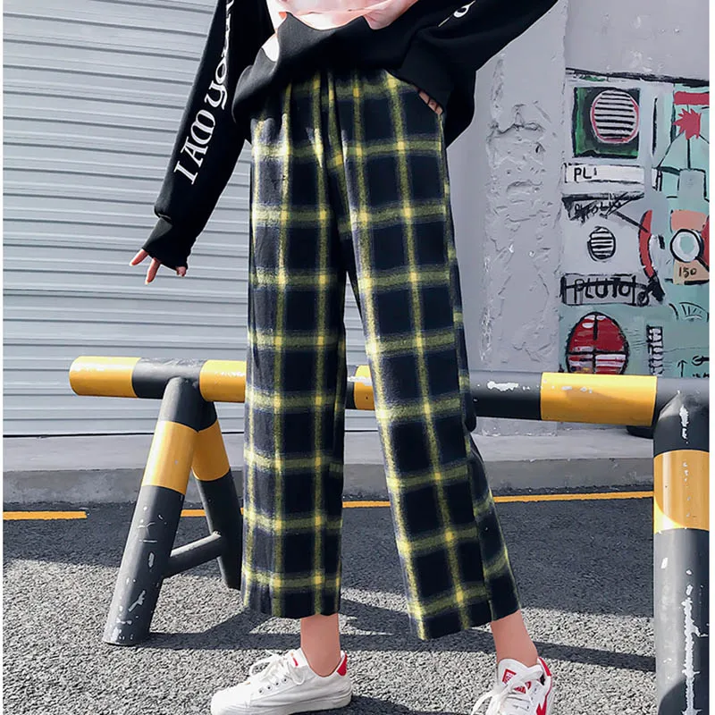 yellow Bella Philosophy Autumn Harajuku Streetwear Plaid Pants Women High Waist Loose Wide Leg Pants Korean Hip Hop Men Trousers - Цвет: yellow