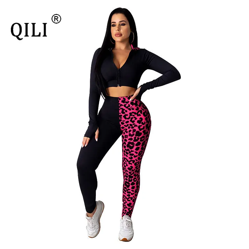 

QILI Womens Sets Long Sleeve Zipper Hooded 2 Piece Outfits Leopard Print Fashion Autumn Clothes Plus Size Women Sets