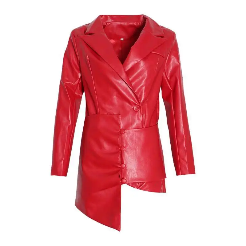 WHITNEY WANG Autumn Winter Fashion Streetwear Asymmetrical PU Jacket Women Faux Leather Jacket Coat Outerwear