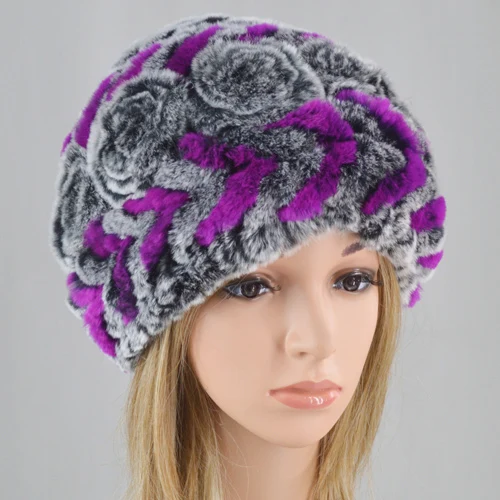 gray and purple Брендовые женские шапки из меха кролика Рекс, вязаные полосатые шапки из натурального меха кролика Рекс, зимние теплые шапки с цветами Skullies, меховая шапка - Цвет: gray and purple