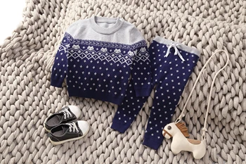 

Kimocat Autumn winter boys and girls baby England knitting sweater set children cotton home wear sweater pants outside two sets