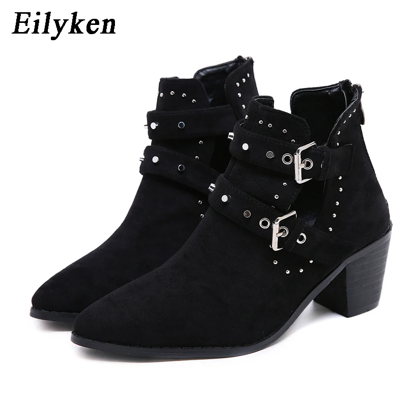 

Eilyken Buckle Strap Women Thick High Heels Ankle Women Boots Pointed Toe Zip Female Bootie Casual Rivet Shoes