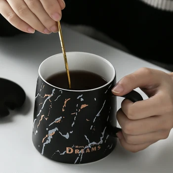 

380ml Nordic Marbleted Ceramic Mug Creative Coffee Cup with Lid Spoon Large Capacity Household Water Mugs Oatmeal Breakfast Cups