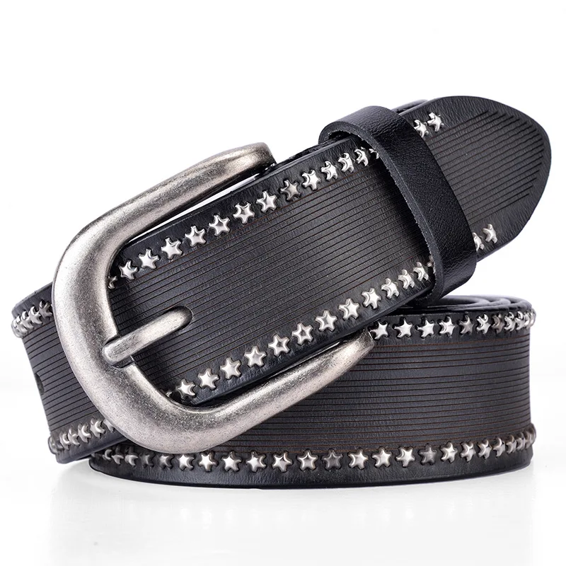Women Men Punk Studded Genuine Leather Belt Black Party Cosplay Costume Star Rivet PU Waistband for Male Female | Аксессуары для