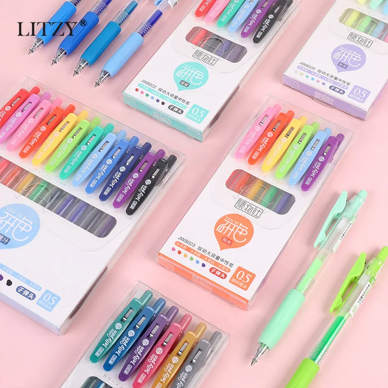 

LITZY 6/12pcs/set Colors Gel Pens Kawaii Rainbow Push Type Water-based Juice Journal Pens Art Marker Stationery School Supplies