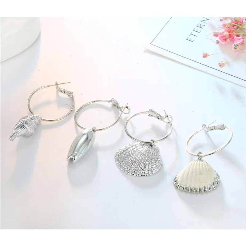 

Bohemia Silver Color Alloy Shell Hoop Earrings For Women Conch Pendant Circle Earings Jewelry Women Creative Pendientes E317