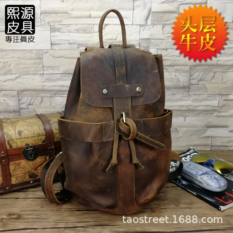 

Guangzhou Europe And America MEN'S Real-leather Bag Backpack Cool Retro Casual Backpack Full-grain Leather Horse Leather