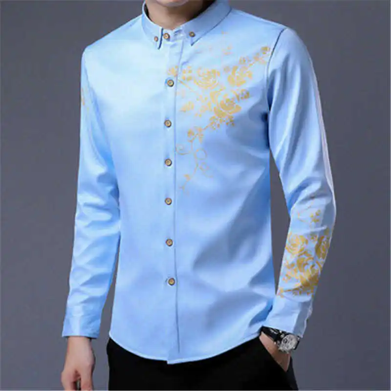 Light Blue Модная рубашка, нарядные рубашки, мужские формальные с длинным рукавом Повседневные облегающие Роскошные Топы - Цвет: Light Blue