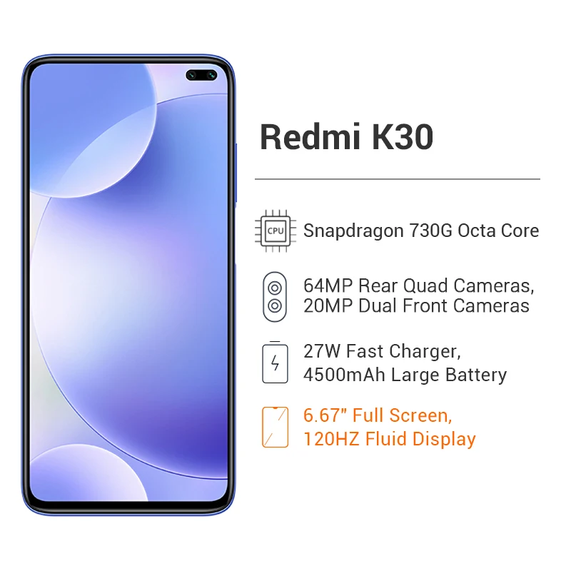 Xiaomi Redmi K30 4G 8GB 256GB Смартфон Snapdragon 730G Восьмиядерный 64 мп шесть камер 6 67 &quotFHD120Hz