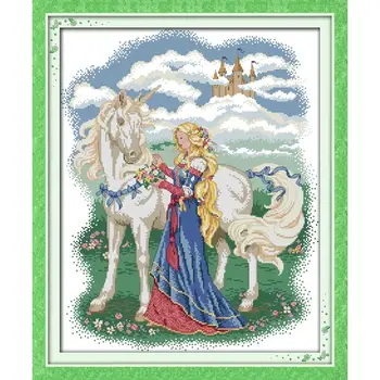 

White Horse and Princess Character Print Cross Stitch 14CT 11CT Count Cross Stitch Kit DIY Embroidery Home Decoration Painting