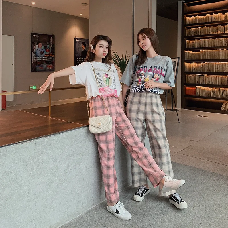 

Short-sleeved round Collar T-shirt Women's + New Style Hong Kong Flavor Tops High-waisted Plaid Straight-leg Pants Elastic Waist