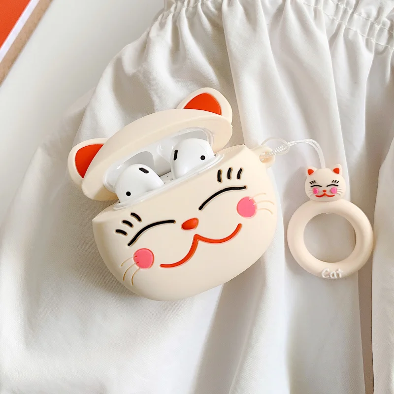 Мультяшные Милые 3D lucky cat для Apple беспроводные bluetooth-гарнитуры Чехлы для airpods 2 чехол силиконовый Ударопрочный Мягкий корпус кольцо пряжки короткий канат для airpods защитный чехол для зарядки коробки