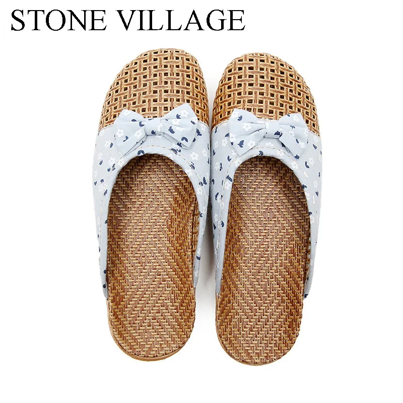 STONE VILLAGE Новинка милые женские льняные домашние тапочки с бантиком летние