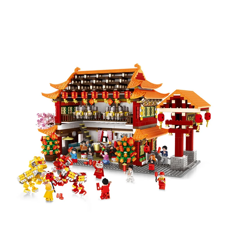 

3027pcs Chinese Style Spring Festival New Year's Eve Family Dinner Architecture House Model Building Blocks Toys for Kids Gifts