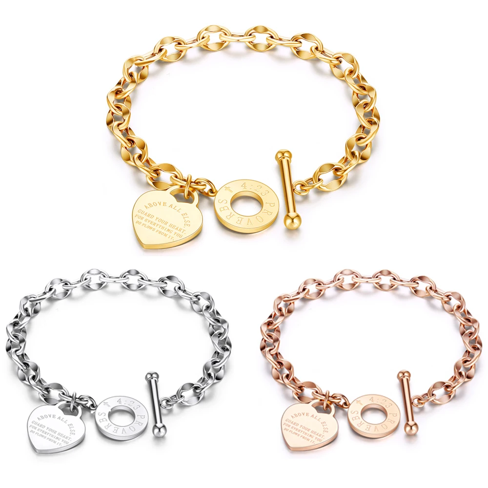 Metal Bracelet Stainless Steel Bracelet ZORCVENS Buckle Design Female Brand Bible Bracelet Gold Color Stainless Steel Chain Heart Bangles Bracelets for Women