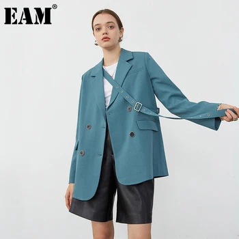 

[EAM] Women Blue Button Ribbon Big Size Blazer New Lapel Long Sleeve Loose Fit Jacket Fashion Tide Spring Autumn 2020 1Z681