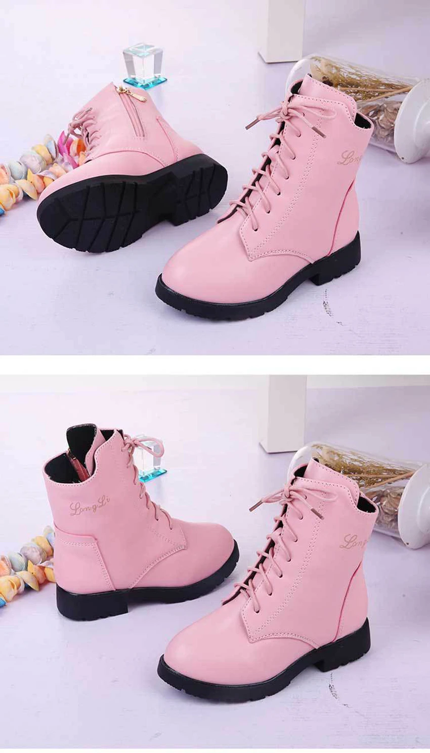 Зимние ботинки для девушки г. Новая модная детская обувь принцессы плюшевые зимние сапоги до середины икры для больших девочек детская кожаная обувь красный, розовый