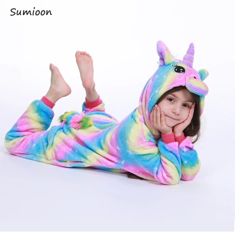 Фланелевая пижама с единорогом для мальчиков и девочек; Комбинезон кигуруми; комбинезон для детей; детское одеяло с пандой и единорогом; зимняя Пижама - Цвет: Rainbow Star Unicorn