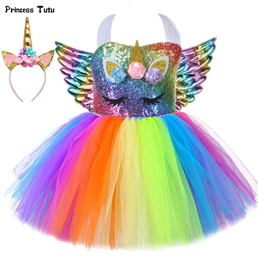 Радужное платье-пачка с блестками и изображением единорога для девочек; костюм единорога на день рождения; детская одежда на Рождество, Хэллоуин, карнавал