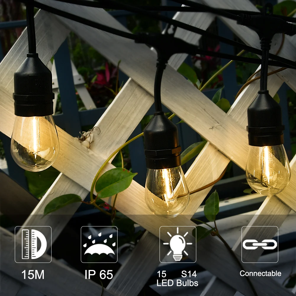String Lights Waterproof IP65 15m 15 Bulbs 48Ft S14 LED Edison Filament Bulb Retro Backyard Garden Holiday Wedding | Лампы и освещение