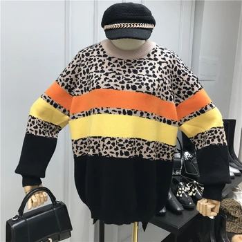 

Leopard Women Knitted Sweater Long Sleeve Pullover Sweater Women's Autumn Winter Jumper Colorblock Casual Basic Sweatshirt SW68
