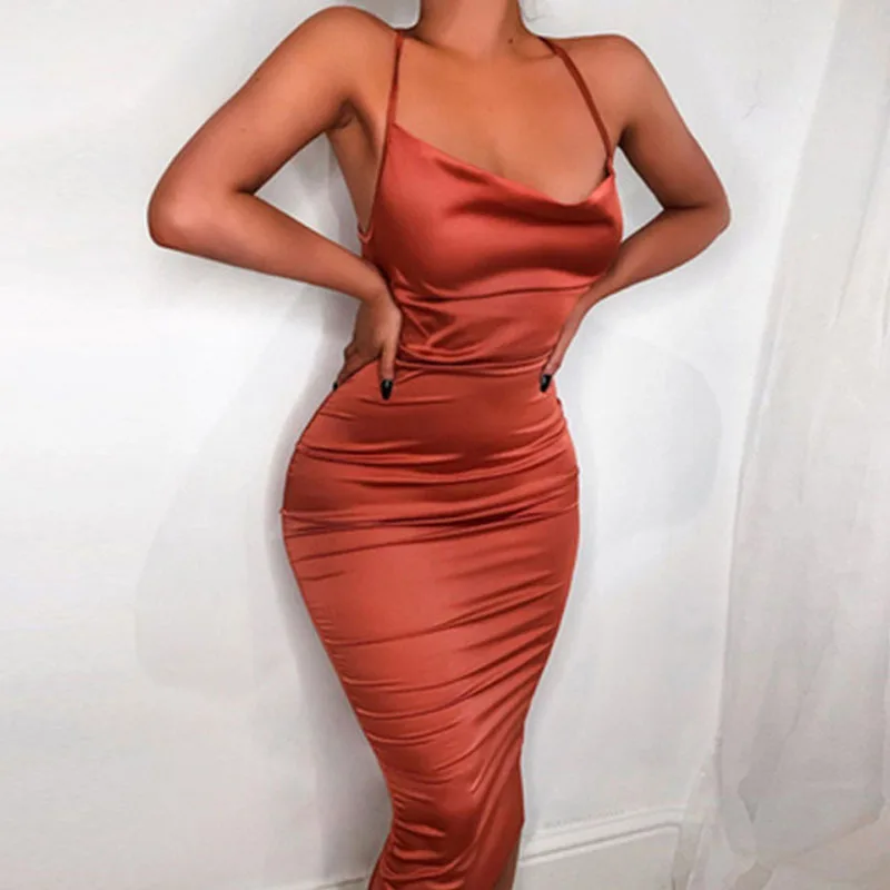 

Sexy Nightclub Party Dress 2020 Summer Satin Imitated Silk Fabric Women's Medium-length Dress Backless WOMEN'S Dress