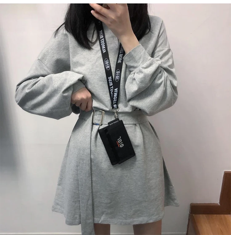 

2019 spring autumn korean style dress ladies long sleeve dress women solid color loose t shirt dresses women with belt 7 colors