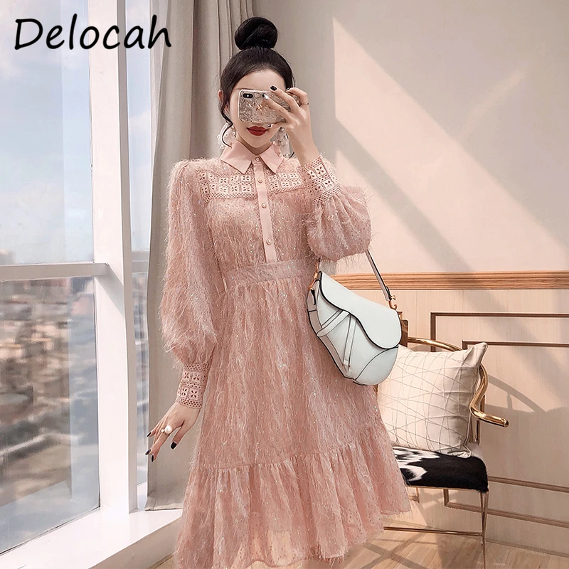 

Delocah Women Autumn Fashion DesignerÂ Party A-Line Dress Hollow Out Sequined Ruffles Tassel High Waist Ladies Midi Dresses 2020