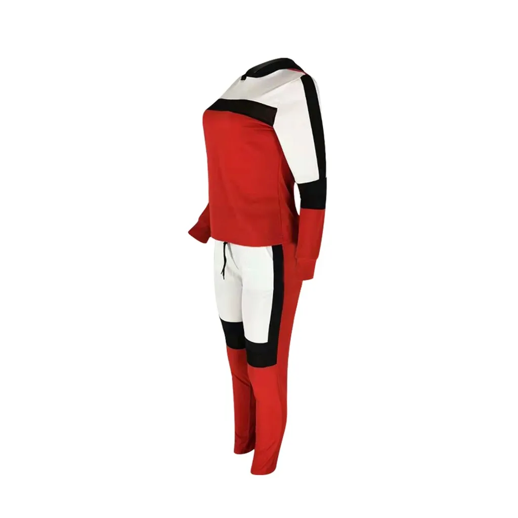 Женский комплект 2 шт., повседневная цветная комбинированная футболка с длинными рукавами, длинные штаны, спортивный комплект conjunto femenino conjuntos de mujer, новинка