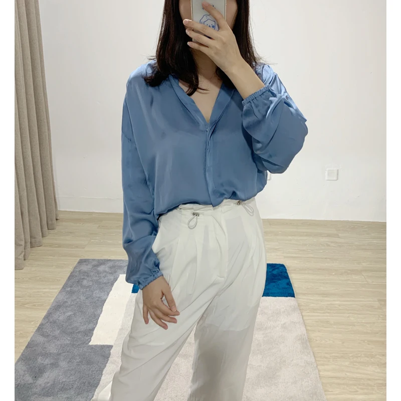 Silk Office Ladies Blouse Loose Short Shirts Bat Sleeve Casual Women Blouses And Tops