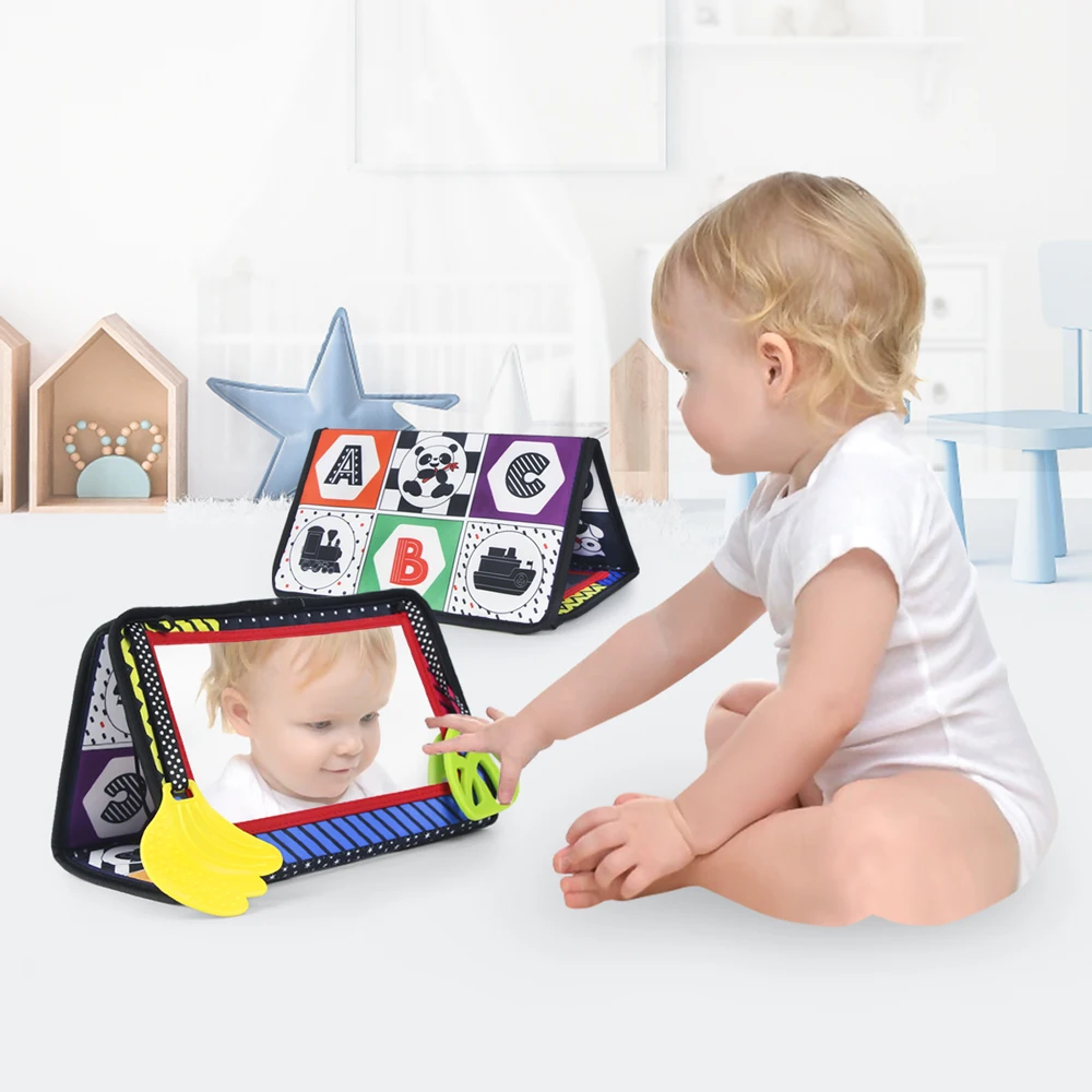 Tempo de barriga bebê espelho brinquedos infantis 0-3 meses desenvolvimento  cerebral com livro de pano crinkle e dentes brinquedos de alto contraste