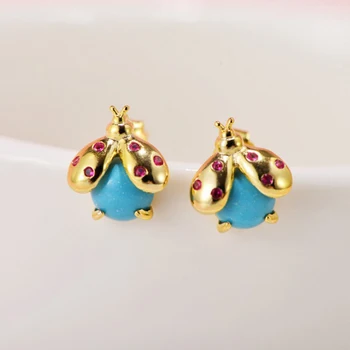 

S925 Simple Turquoise Lovely Ladybug Earrings Fine Restoring Ancient Ways Weddings Jewelry Free Shipping 2020New【FS Jewelry】